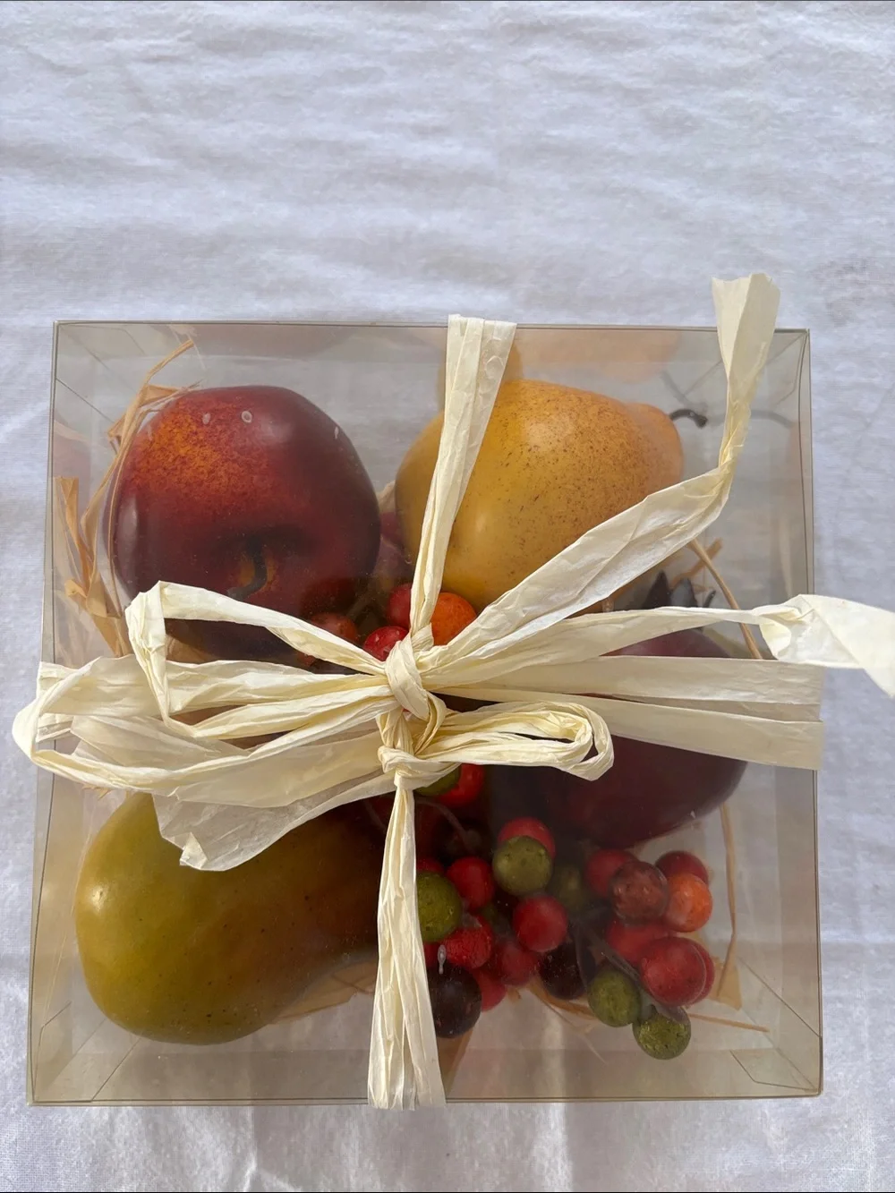 Decorative Faux Fruit Gift Box - Cream Ribbon, Multicolor Fruit